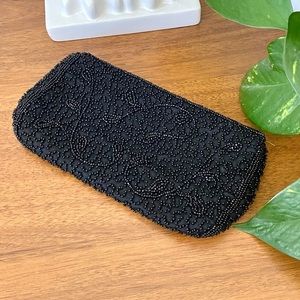 Vintage Petite Black Beaded Clutch Stix Baer & Fuller Co. Handbag Purse Floral